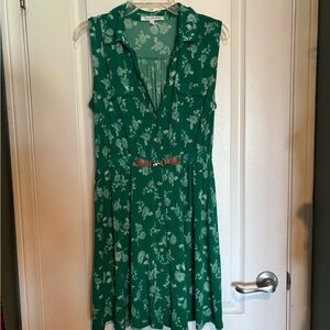 Green Floral Sleeveless Shirt Dress